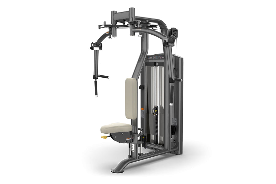 Black and grey pec fly exercise machine with cream-colored seat and back pad, featuring dual arm handles and weight stack on 