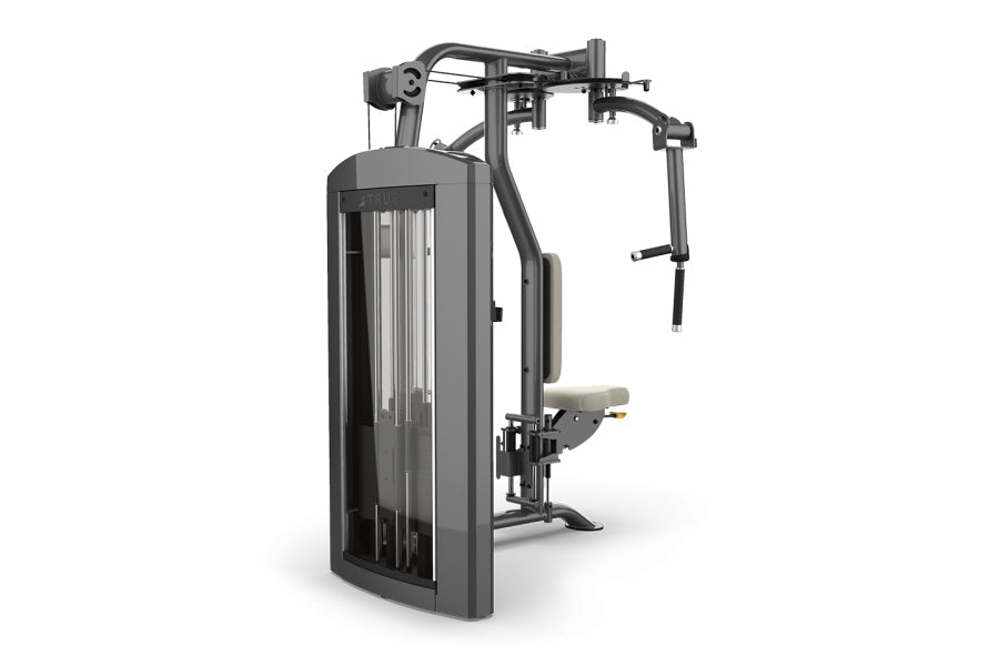 TRUE SPL-1000 Pec Fly/Rear Delt machine with black frame, vertical selectorized stack, and adjustable arm handles on white ba