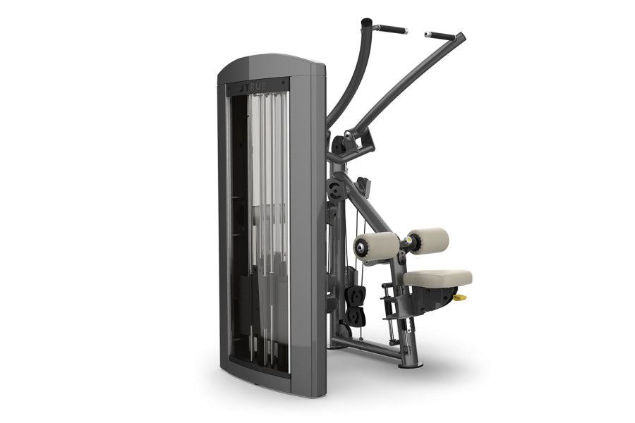 TRUE SPL-1100 Lat Pulldown machine with dark gray frame, vertical cable stack, and beige padded seat on white background