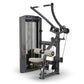 Black and gray lat pulldown machine with cream-colored padded seat and handles, featuring dual vertical weight stacks on whit