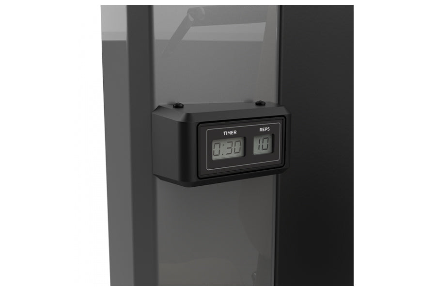 Black digital timer and rep counter display mounted on TRUE SPL-1100 Lat Pulldown machine