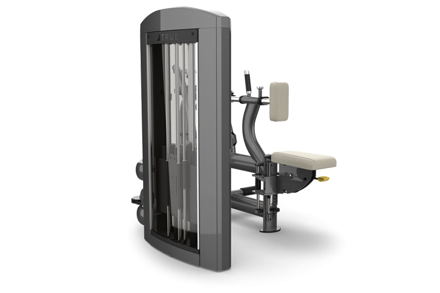 TRUE SPL-1200 seated row machine with black frame, beige seat and backrest, cable pulley system, on white background