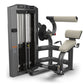 TRUE SPL-1300 low back extension machine with gray frame, cream padded seat and backrest, and black weight stack on white bac