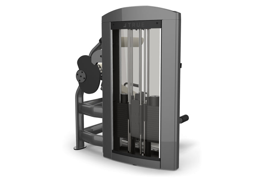 TRUE SPL-1300 low back extension machine with black frame, glass front panel, and vertical resistance rods on white backgroun