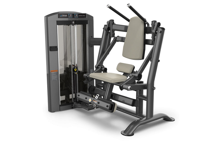 TRUE SPL-1400 abdominal crunch machine with gray frame, black handles, and beige padded seat and back support on white backgr