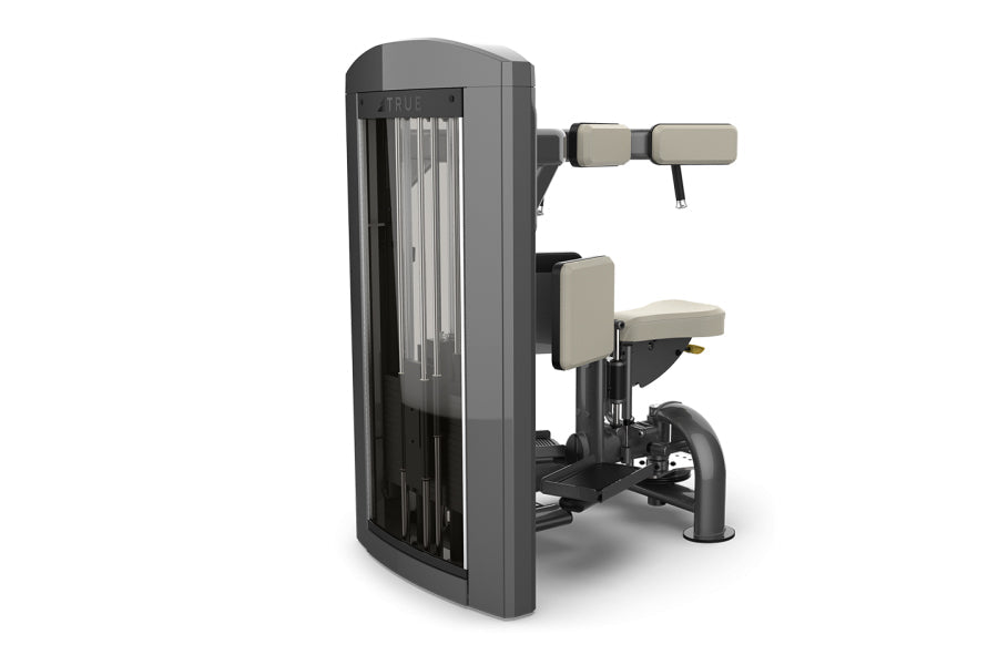 TRUE Rotary Torso SPL-1500 commercial gym machine with gray frame, beige handles and seat, and vertical steel bars on white b