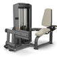 Gray and beige commercial leg press machine with digital display, padded seat, and footplate on white background