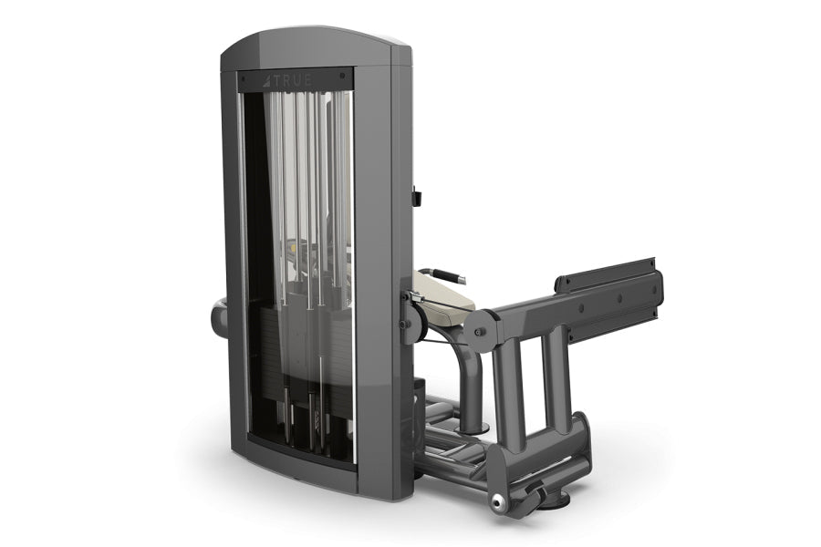 TRUE SPL-1600 Rotary Calf leg exercise machine with dark gray frame, vertical cable stack, and footplate attachment on white 