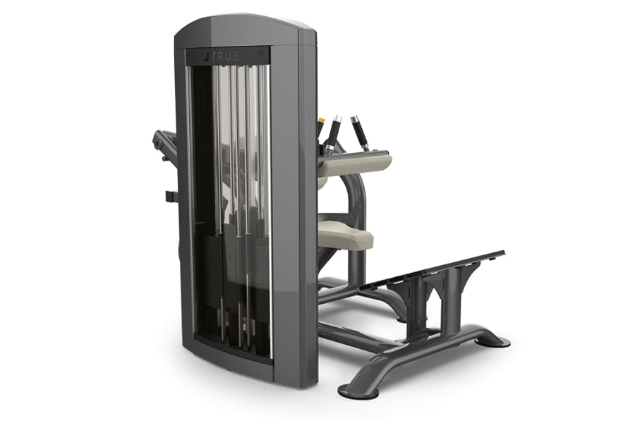 TRUE SPL-2000 hip thruster machine with black frame, weight stack, and beige padded seat on white background