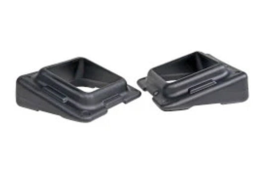Two black plastic slanted risers with hollow square openings, shown from front and side angles on white background