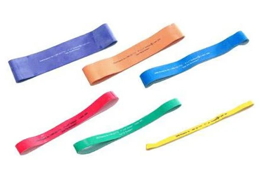 Six resistance loop bands in purple, peach, blue, pink, green, and yellow arranged on white background