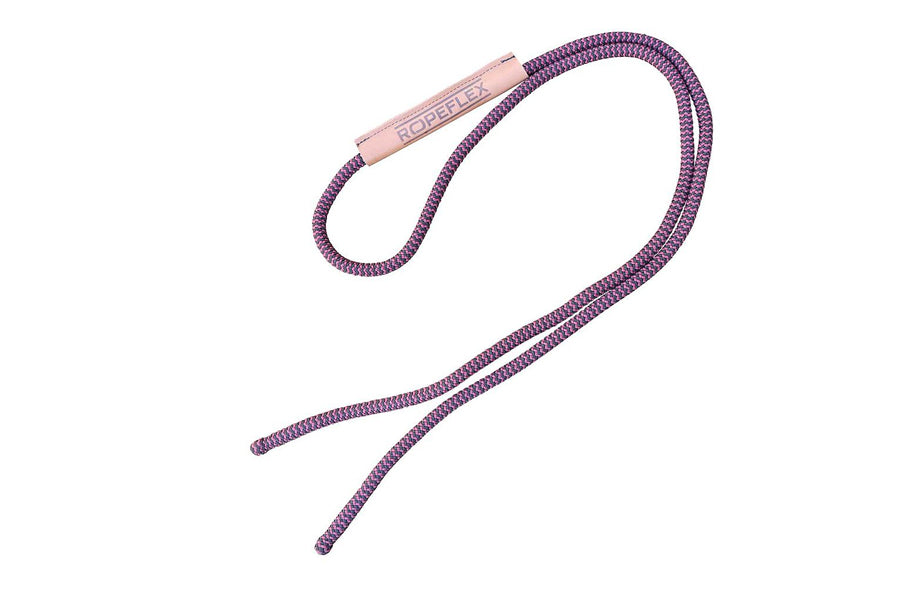 Purple braided nylon jump rope with pink metal handle labeled Ropeflex, on white background