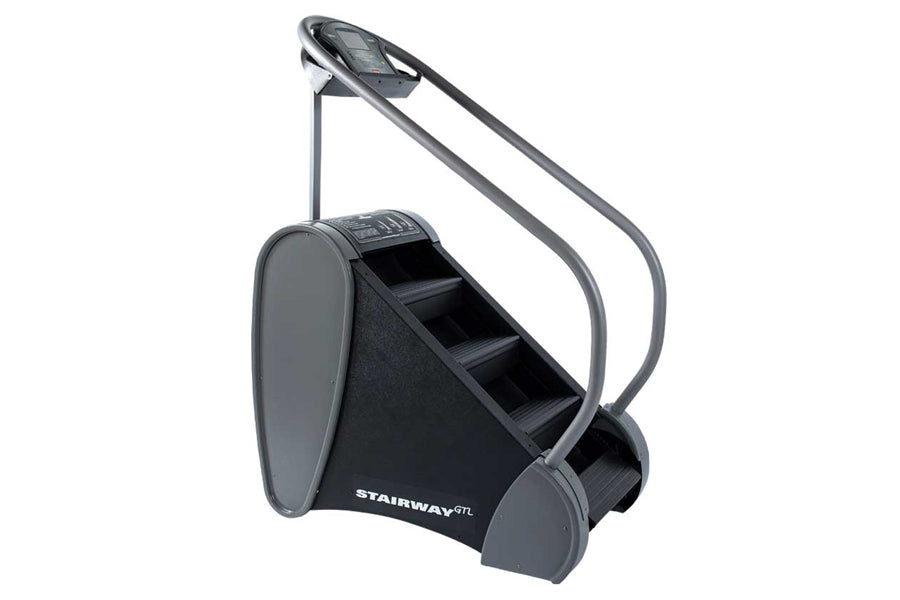 Black and gray StairMaster Stairway GTL StepMill with dual handrails and digital display on white background