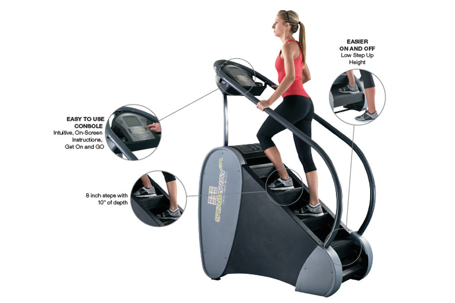 Woman in pink tank top using black and gray StairMaster Stairway GTL StepMill with labeled features including low step height