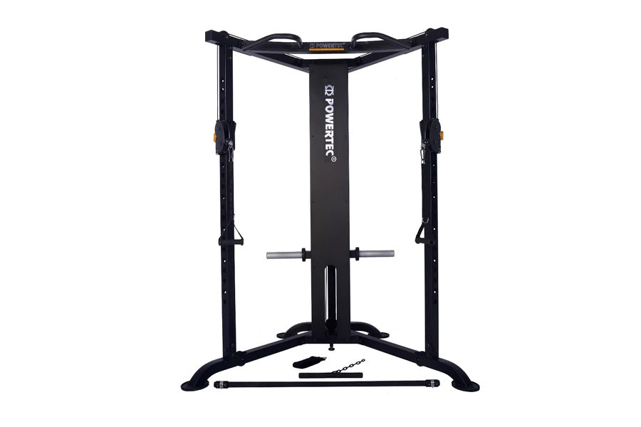Black Powertec Streamline functional trainer with dual cable columns, horizontal chest press bar, and wide base on white back