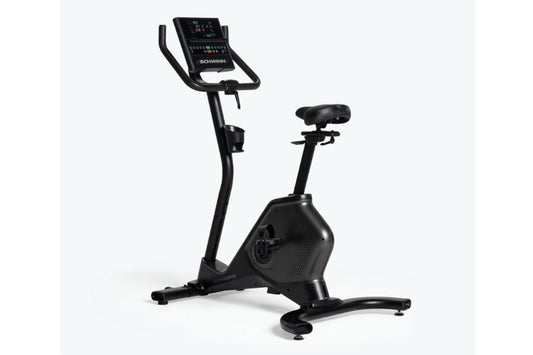 Schwinn 190 upright exercise bike with black frame, digital display console, and black padded seat on white background