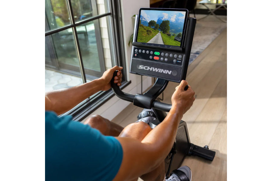 Person using Schwinn 290 recumbent exercise bike with digital display showing scenic mountain road, black frame and console w