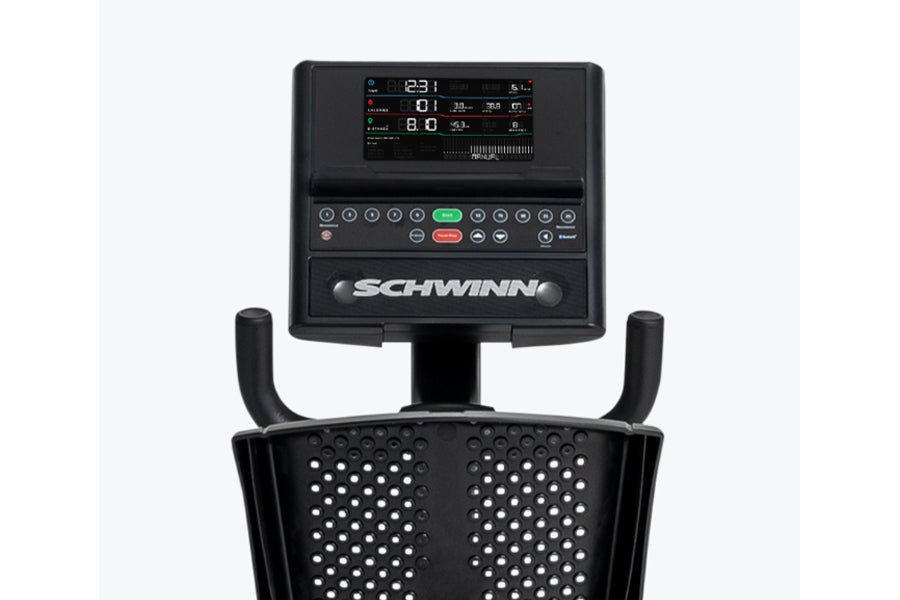 Schwinn 290 recumbent exercise bike with black digital console displaying metrics, control buttons, and perforated seat, view