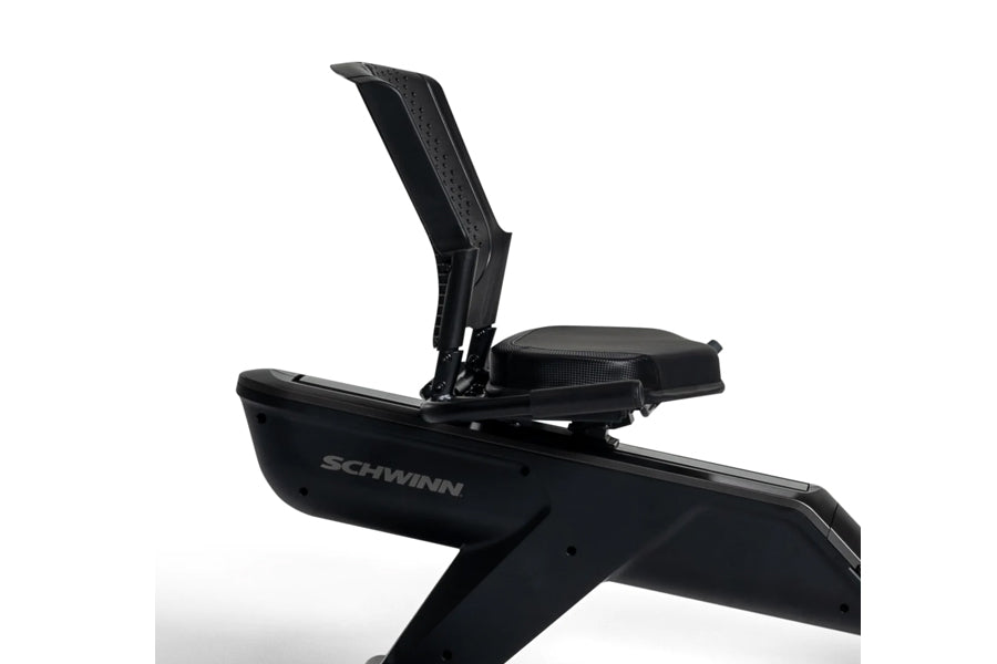 Black Schwinn recumbent exercise bike seat and handlebars with upright support, shown on white background