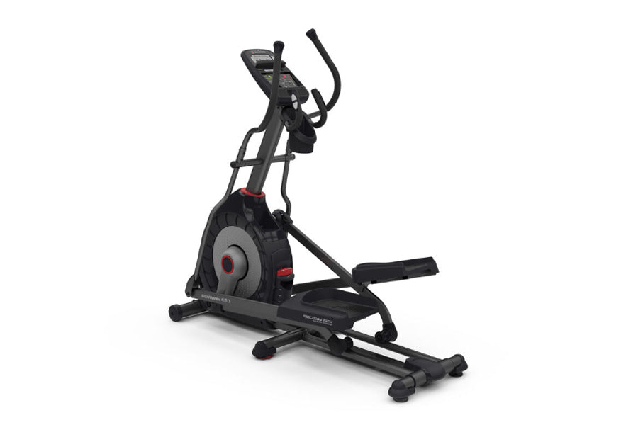 Black Schwinn 430 elliptical machine with gray flywheel and red accents on white background