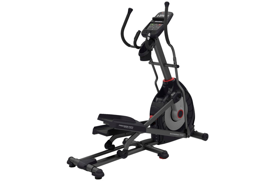 Black and gray elliptical machine with digital display console, moving handlebars, and red accent details on white background