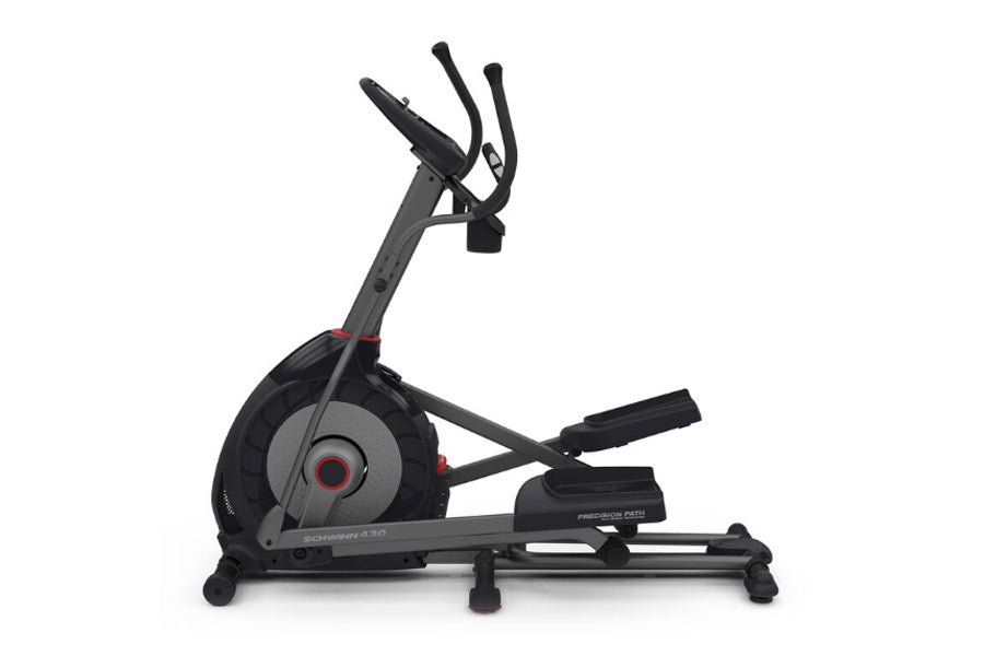 Schwinn 430 elliptical machine with gray and black frame, dual handlebars, and large black flywheel on white background
