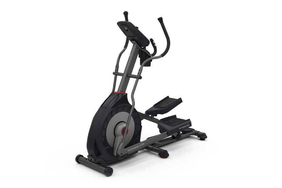 Schwinn 430 elliptical machine with black and gray frame, dual foot pedals, curved handlebar arms, and large wheel with red a