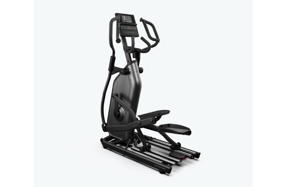Schwinn 490 elliptical machine with black frame, dual foot pedals, moving arms, and digital console display on white backgrou