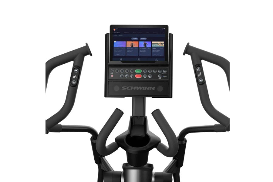 Schwinn 490 stationary elliptical machine with black frame, dual handles with built-in controls, and digital touchscreen disp