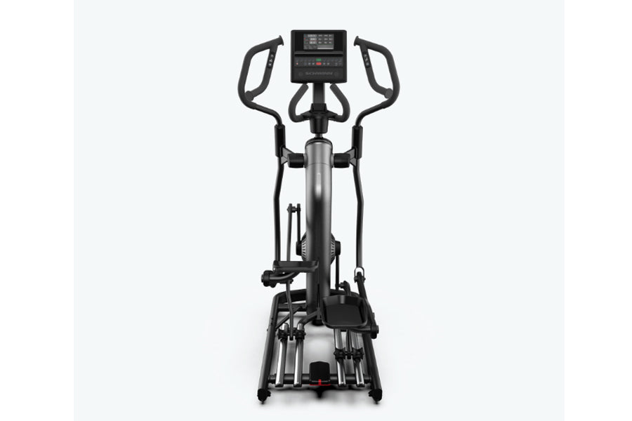 Black Schwinn 490 elliptical machine with digital console, curved handles, and pedal platform on white background