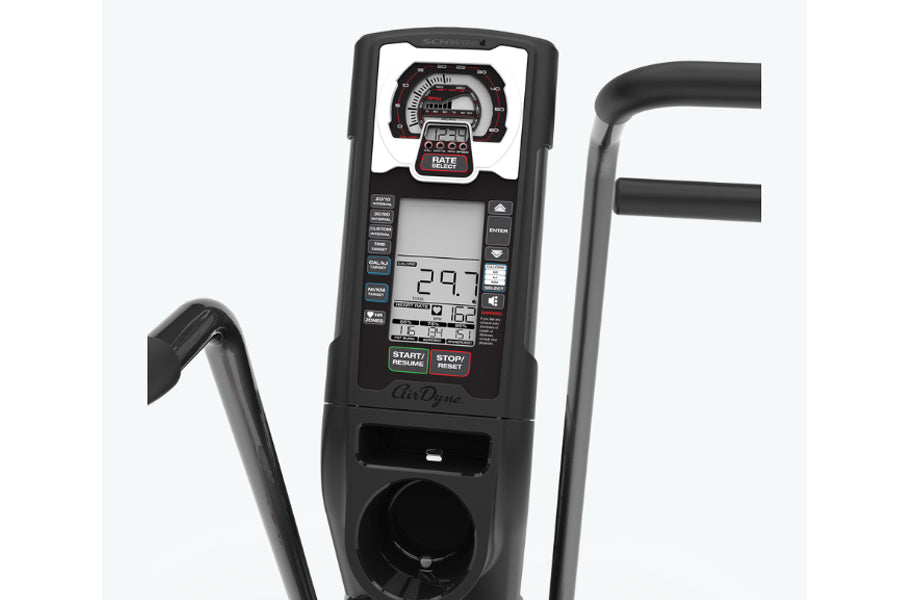 Black and gray Schwinn Airdyne AD7 stationary bike with digital display console showing workout metrics, dual handles, and fa