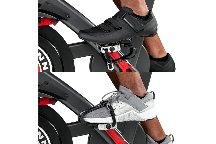 Black and gray cycling shoes with velcro straps on stationary bike pedals, shown in two styles