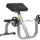 Gray and black seated arm curl machine with padded seat, adjustable weight plates, and curved frame on white background