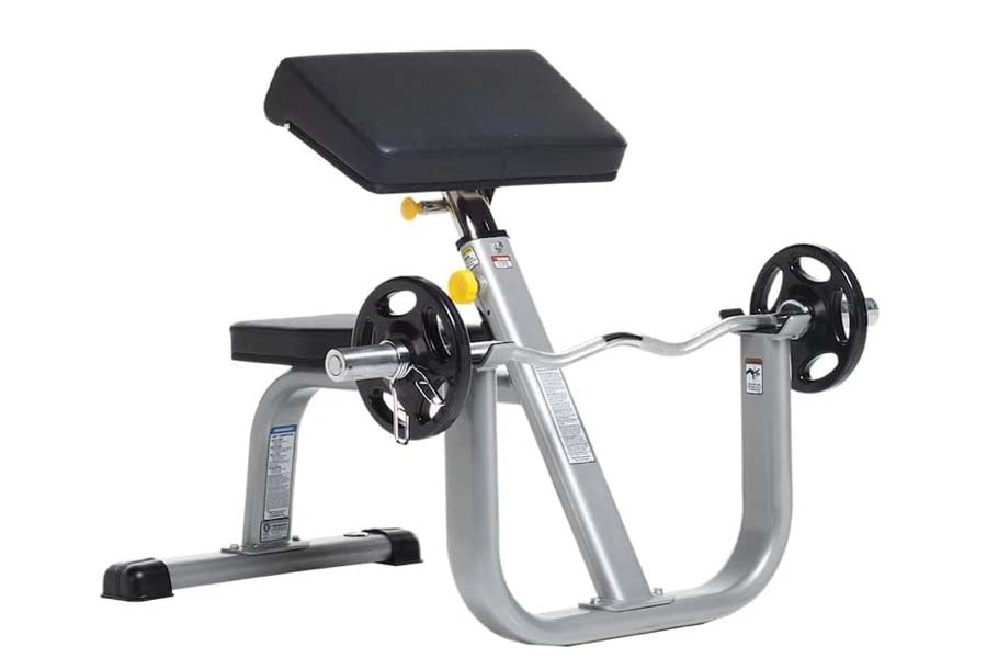 Gray and black seated arm curl machine with padded seat, adjustable weight plates, and curved frame on white background