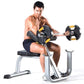 Man performing seated bicep curl with black and yellow dumbbells on silver and black weight bench