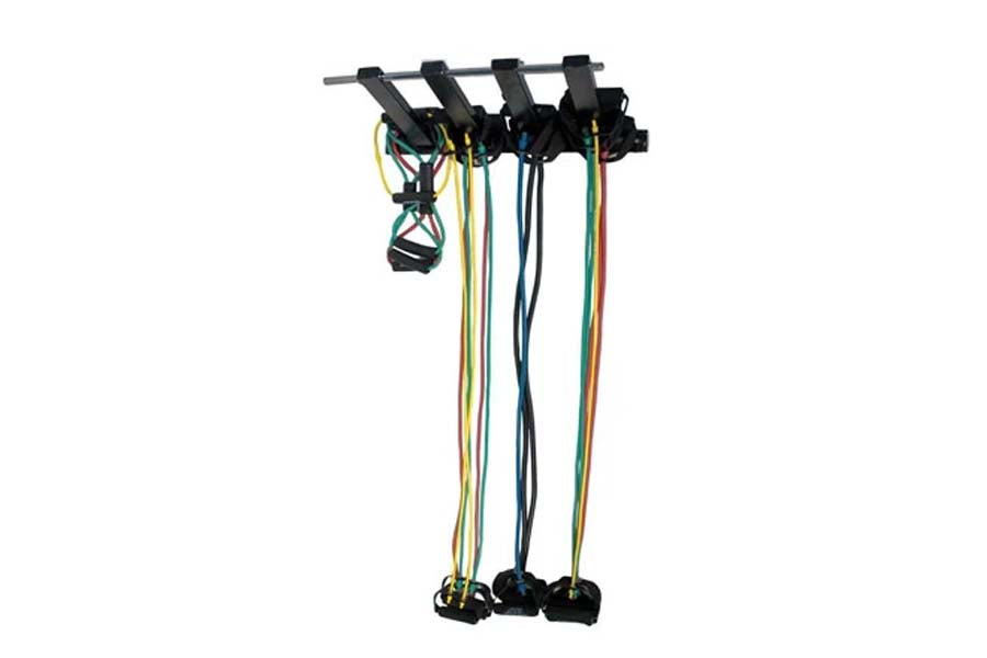 Warrior Secure wall-mounted rope rack with black metal frame and four hanging hooks holding coiled ropes in yellow, green, an