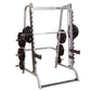 Body-Solid Series 7 Smith Machine with gray steel frame, black weight plates on side pegs, and barbell bar on white backgroun