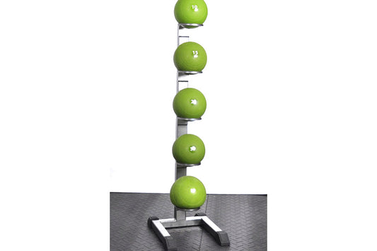 Vertical medicine ball storage rack with five lime green slam balls labeled 10, 15, 20, 25, and 30 pounds on metal post with 