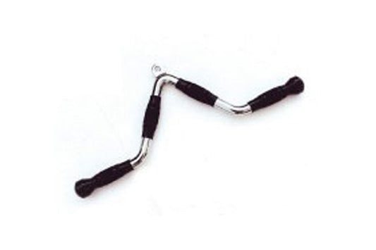 Warrior Solid V-Shape Bar with chrome curved handle and black foam grip ends on white background