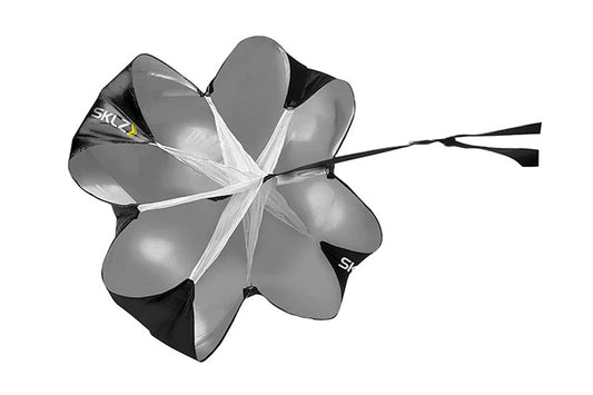 SKLZ Speed Chute training parachute with gray and black panels and white straps on white background