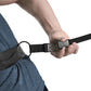 Black nylon resistance training chute with quick-release buckle, worn by model against blue shirt