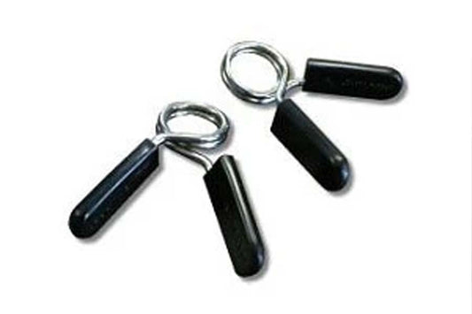 Two black spring collars with silver metal rings and black rubber handles, shown on white background