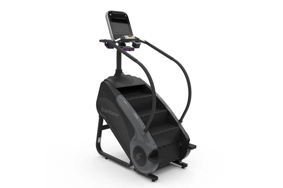 Black StairMaster Gauntlet 8G StepMill with digital display console and handrails on white background