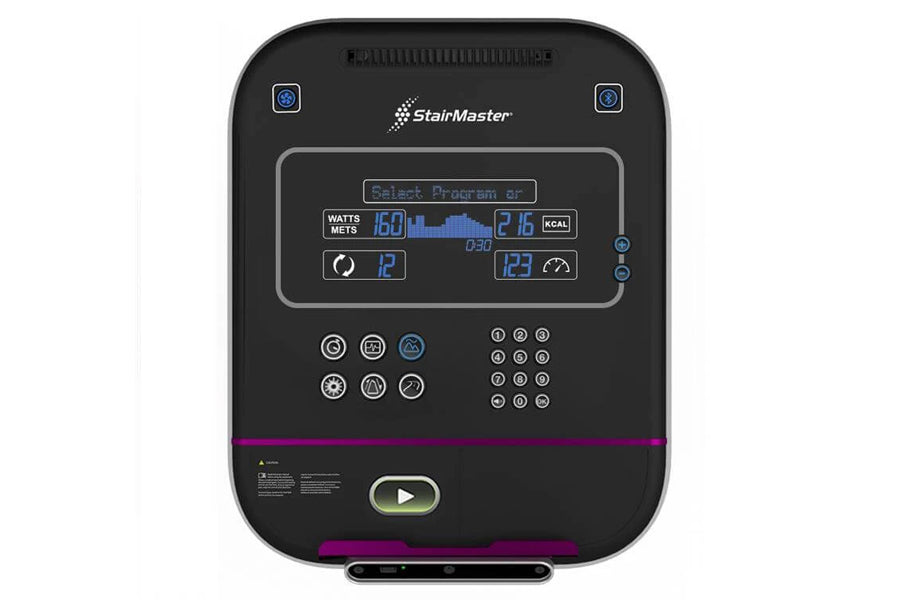 StairMaster Gauntlet 8G black StepMill with blue digital display showing watts, calories, and metrics, control buttons, and p