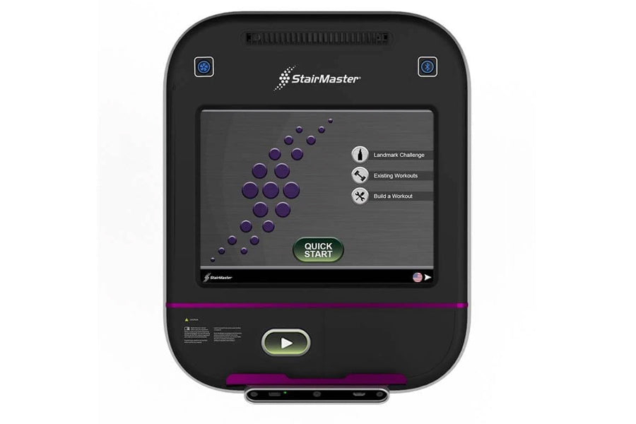 StairMaster Gauntlet 8G StepMill with black frame, purple accent trim, digital display showing workout menu options, and Quic