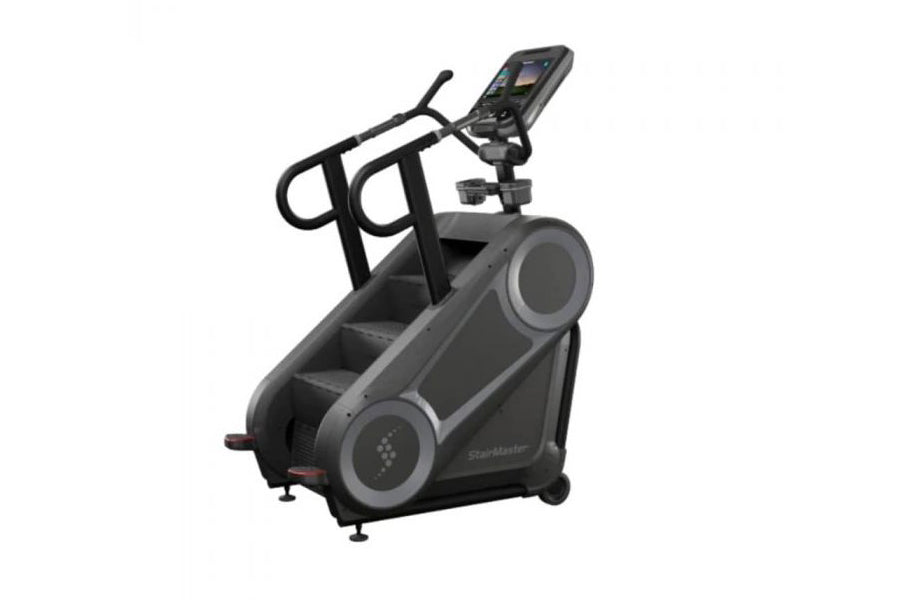 StairMaster 8Gx Gauntlet stair stepper with black frame, gray accents, digital console, and handlebar grips on white backgrou