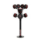Black and red boxing training tower with four upper and two lower weighted bags on adjustable arms, standing base with brandi