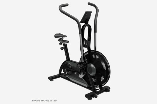 Black air exercise bike with curved dual handles, digital display console, and fan-style wheel, on white background