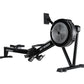 A black StairMaster HIIT Rower machine, featuring a fan-based resistance system for rowing workouts.