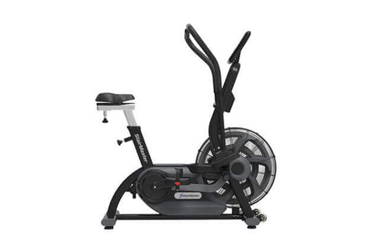 Black upright stationary bike with dual handles, fan wheel, and padded seat on white background